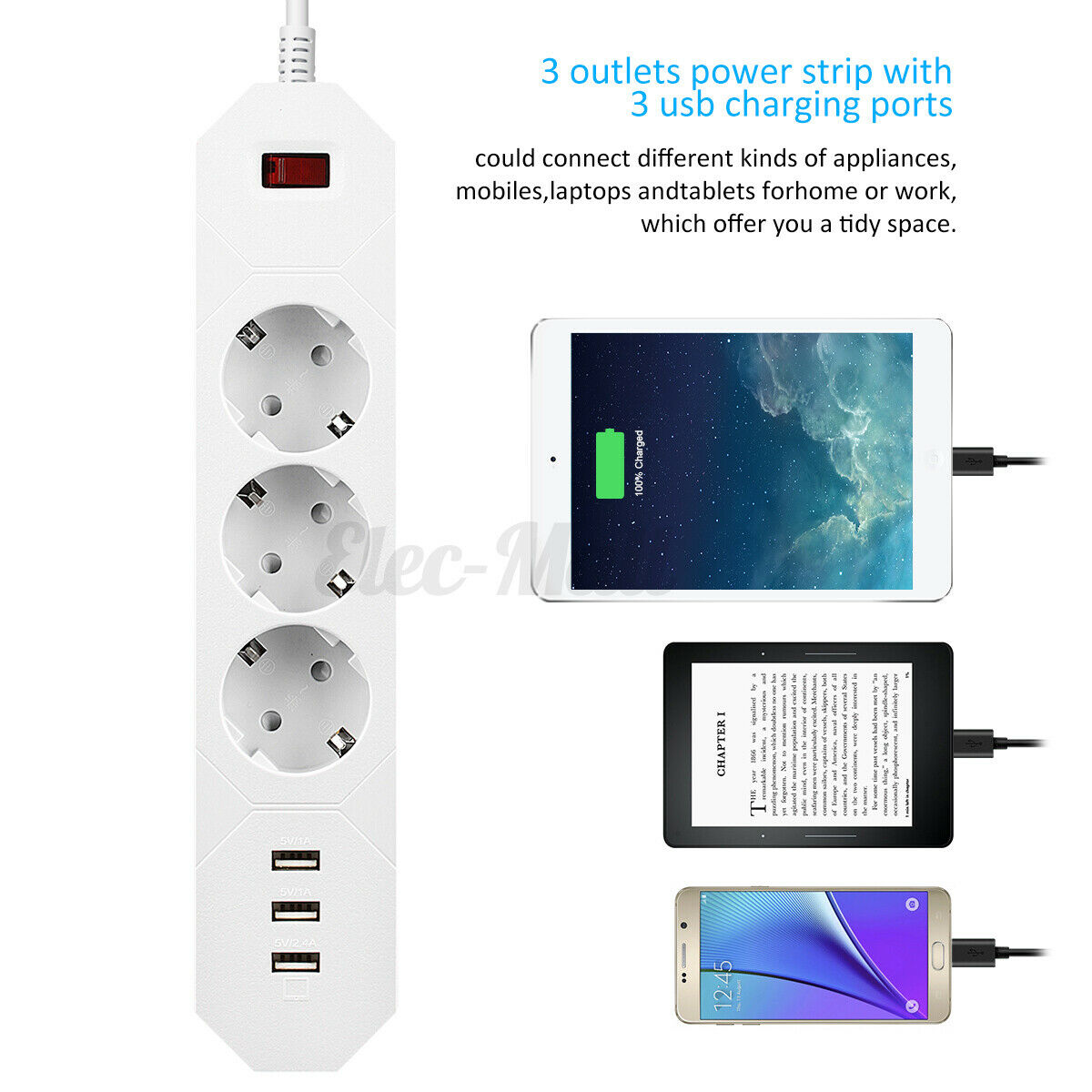 1.8M 3 Outlet Power Strip Surge Protector with 3 USB Ports Lightningproof Socket