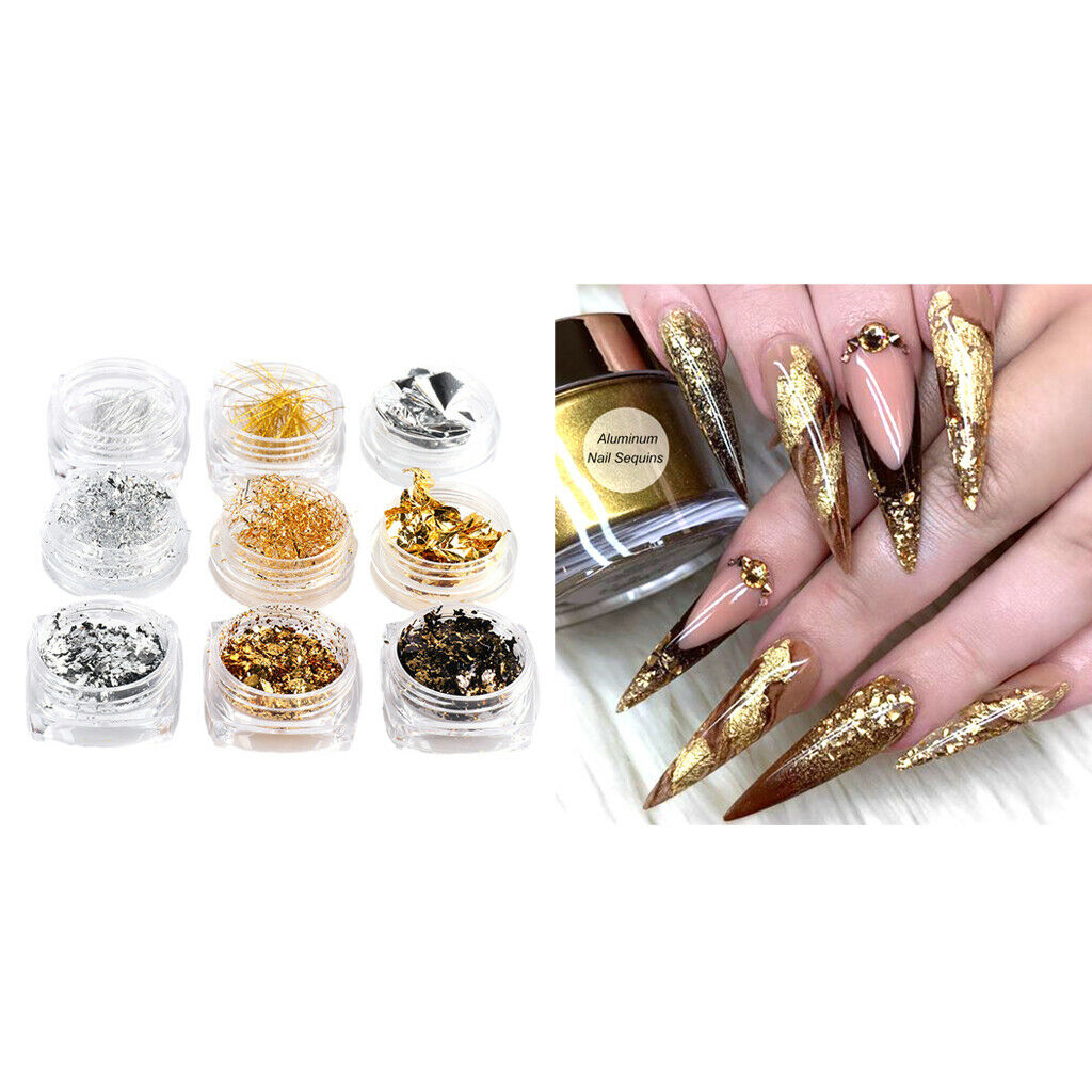 9 Boxes Nail Chips Foil Flakes Tinsel Manicure Nails Design Glitter Supplies