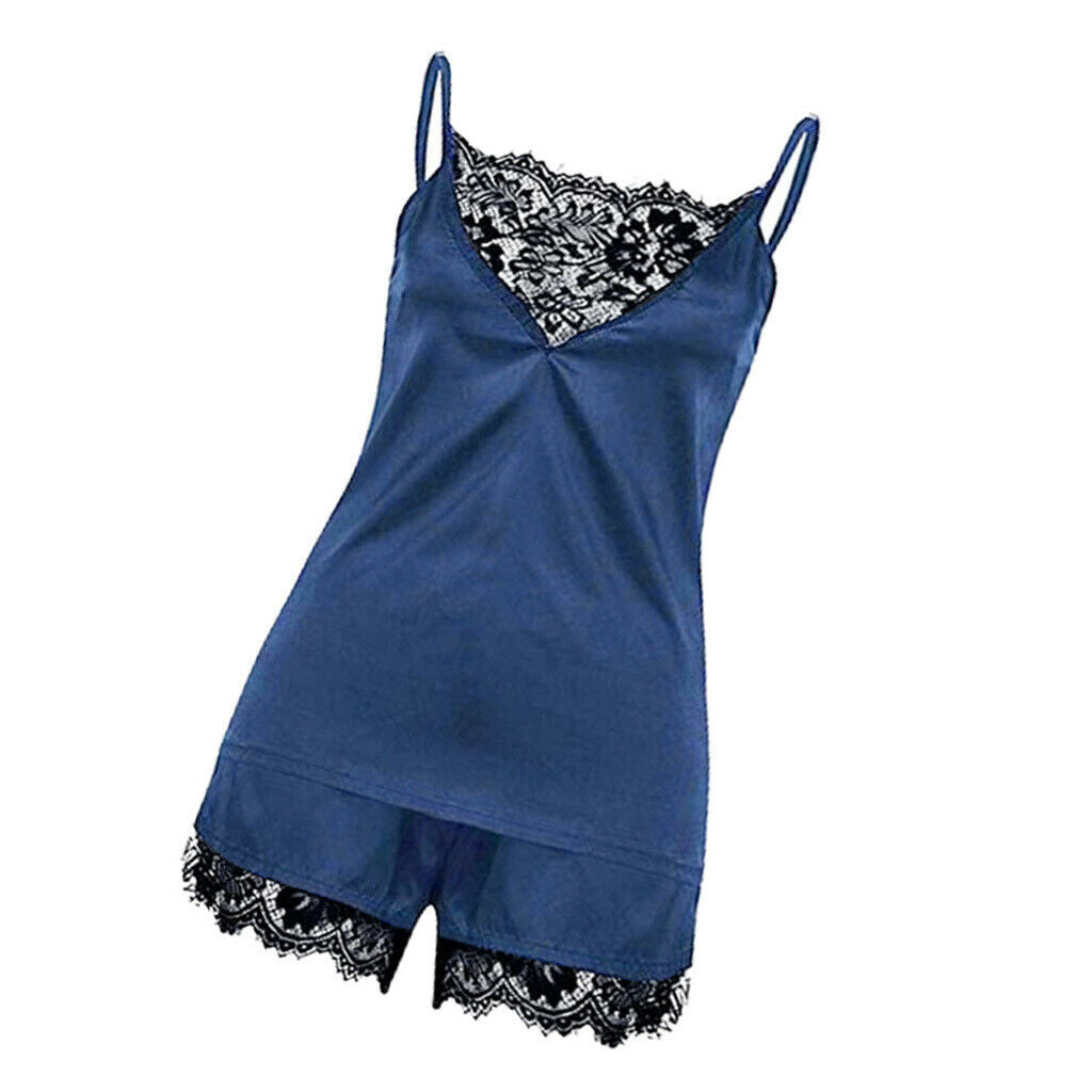 Womens Sexy Lace Satin Sleepwear Cami Top and Shorts Pajama Set Blue XL