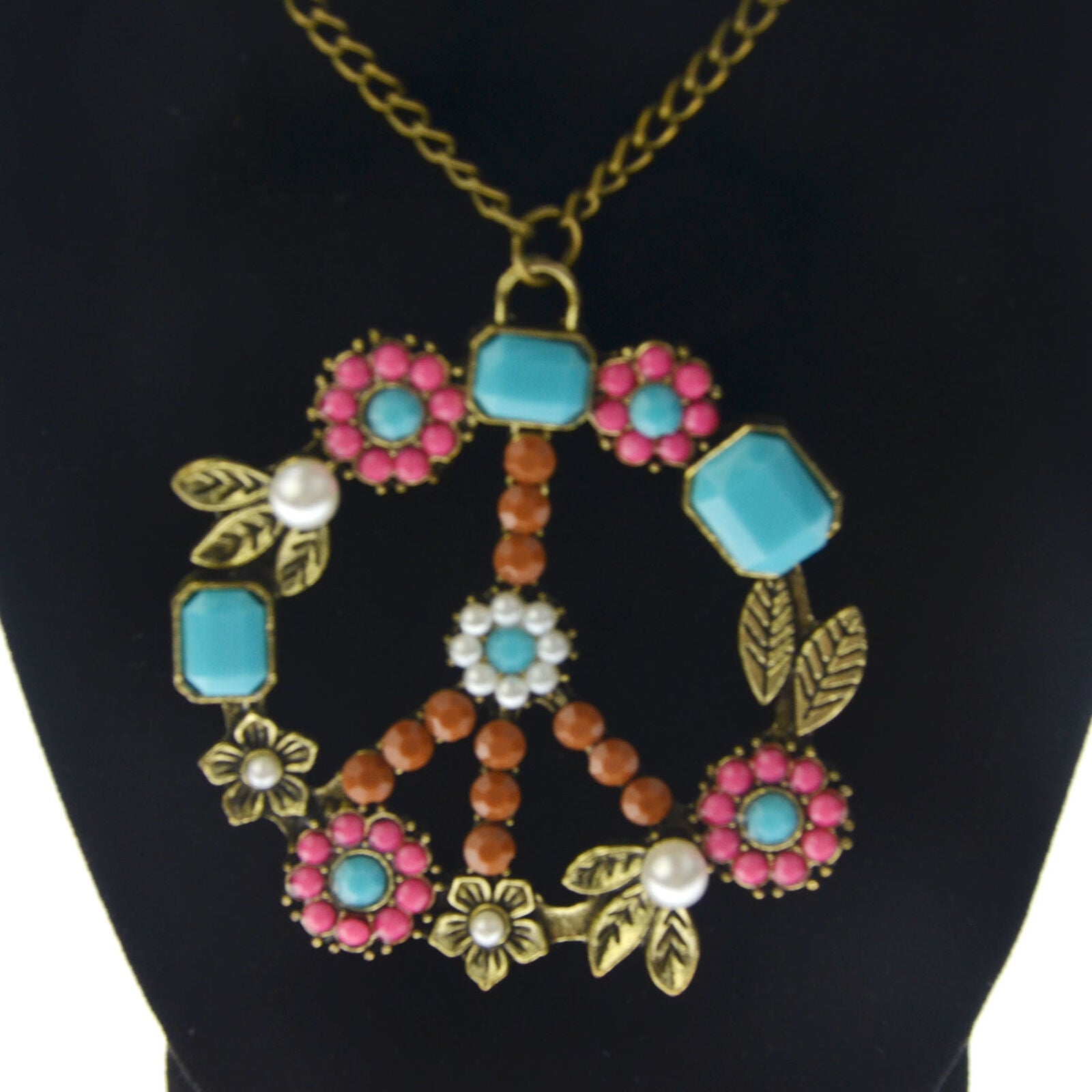 Retro Floral Peace & Love Sign Boho Hippie Pendant Long Statement Necklace Chain