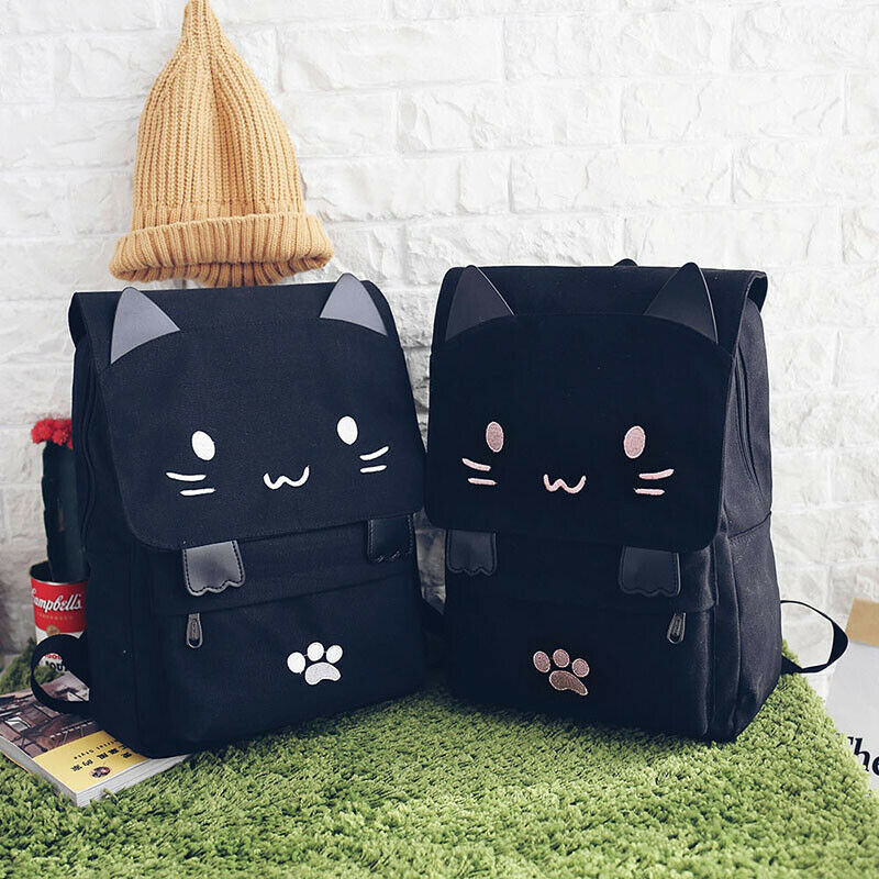 1X(fashion Cute Cat Embroidery Canvas Student bag Cartoons Women Backpack Le4L5)