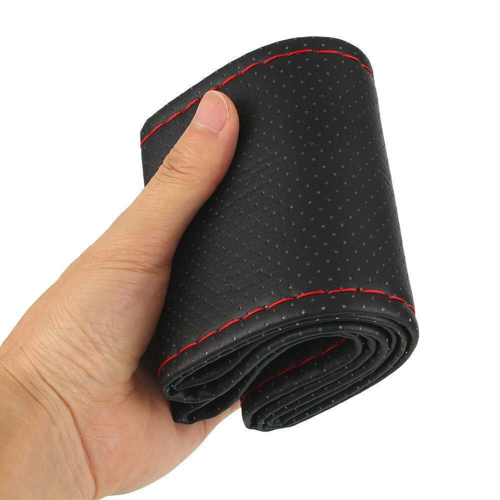 38cm Car Truck Leather Steering Wheel Cover With Needles Thread Black & Red