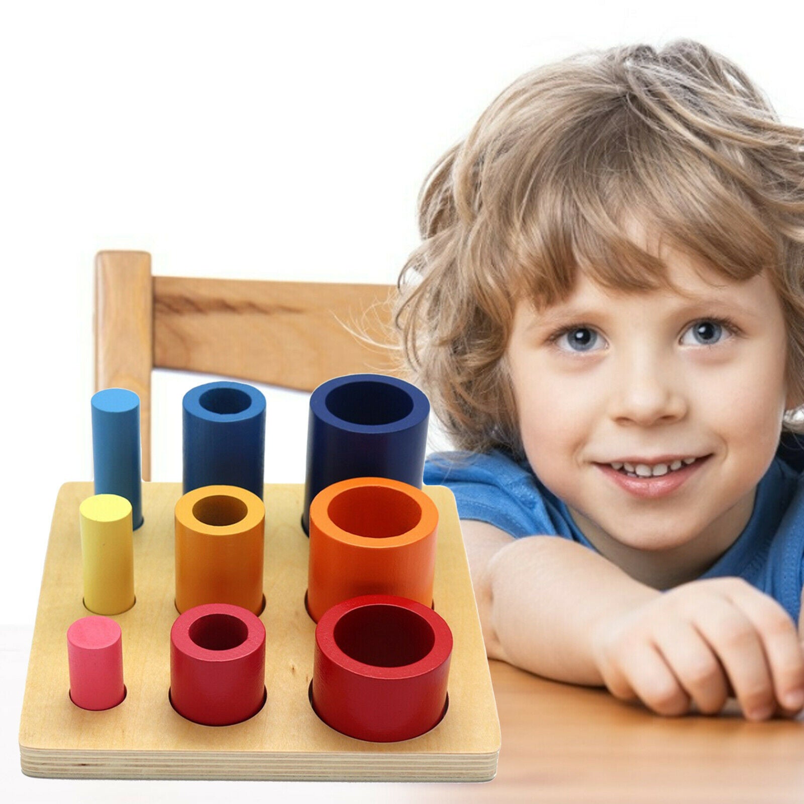 Cylinder Shape Stacking Sorting Block Wooden Match Game Color Cognitive Sensory