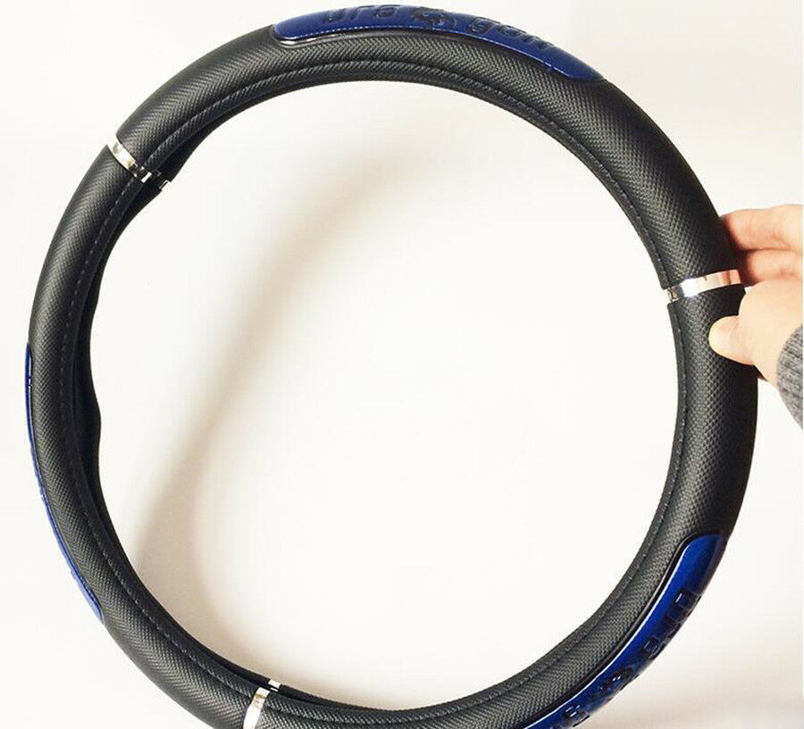 15 Inch PU Leather Car Dragon Word Pattern Black Steering Wheel Cover +Blue Icon