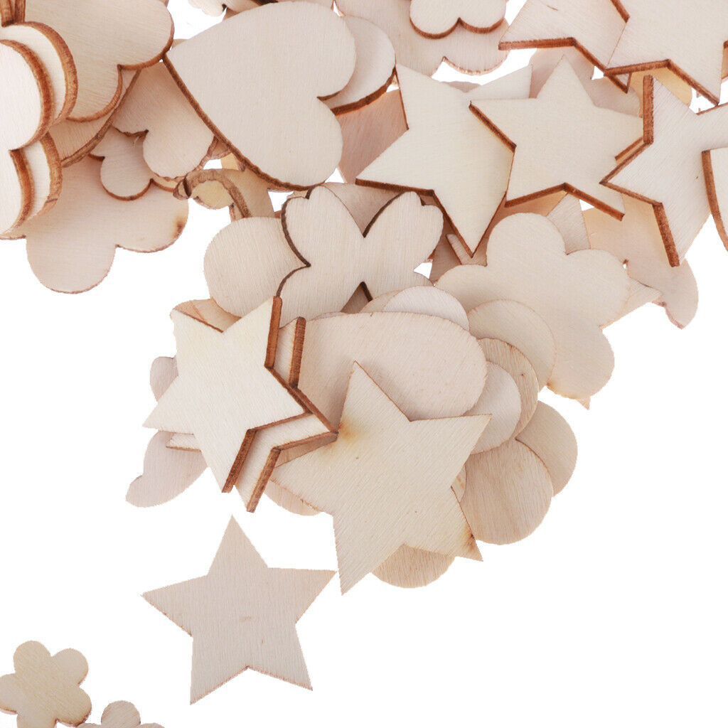 100pcs Assorted Wood Shape Heart Plum Flower Star Ebellishments For