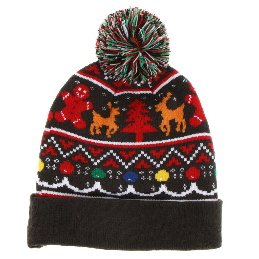 Light up Knitted Ugly Sweater Holiday Christmas Beanie gray elk