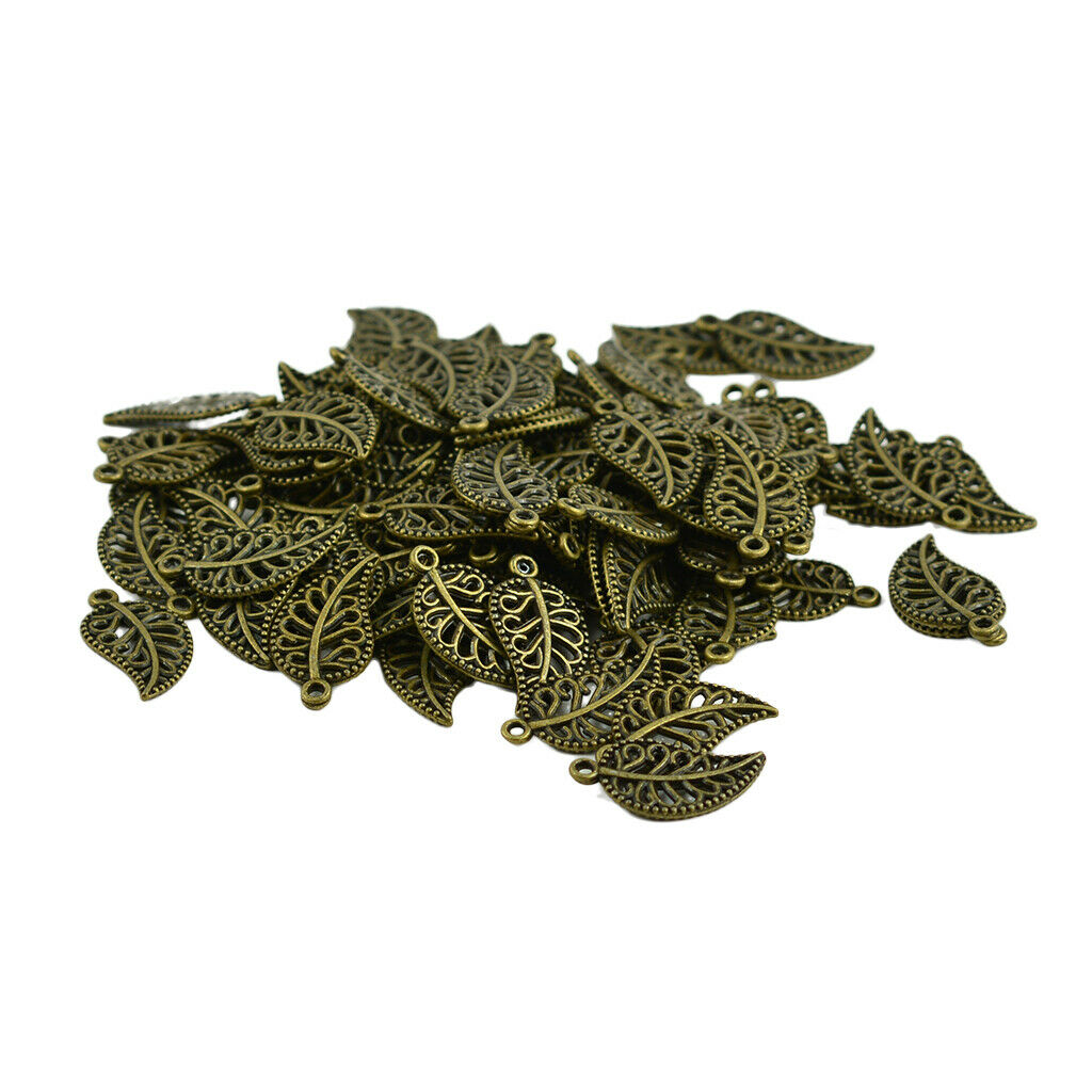 100 Pcs Bronze Filigree Hollow Leaf Charms Pendants Beads Jewelry DIY