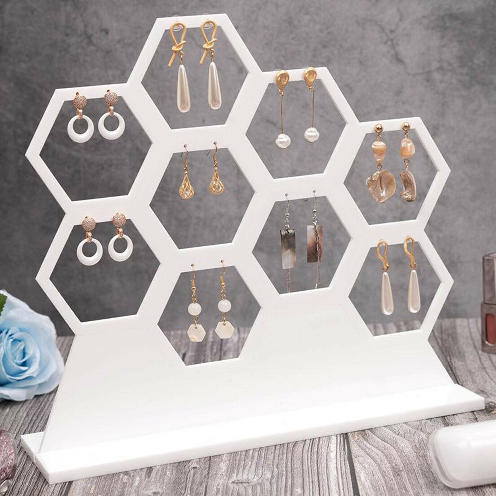 Acrylic White Hanging Earring Holder Organizer Storage Rack for 9 Earrings
