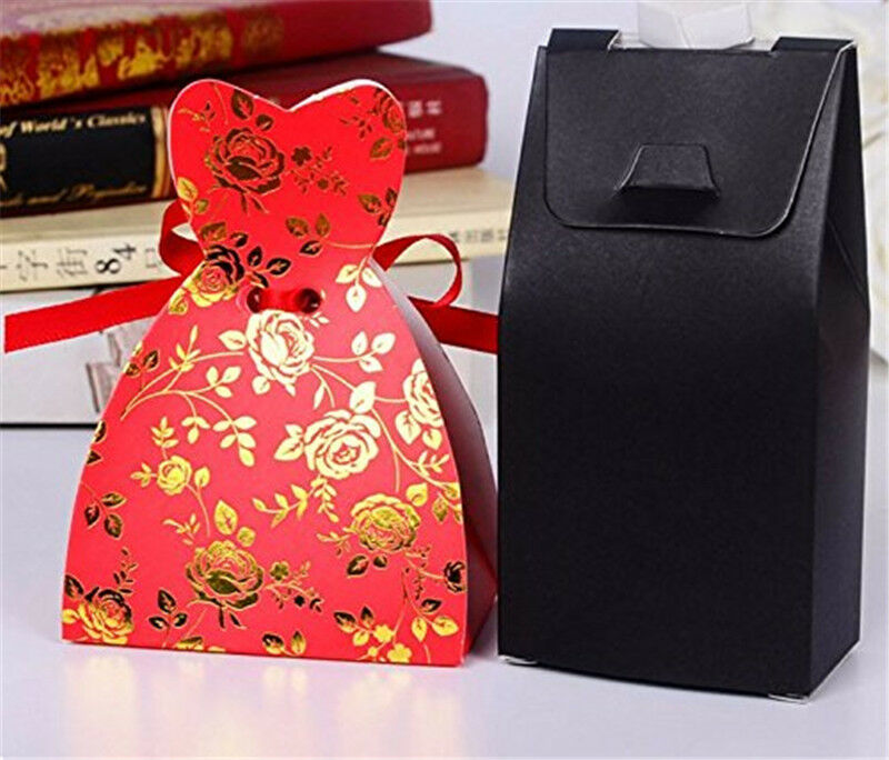 100pcs Wedding Favor Party Red Dress Tuxedo Bride and Candy Gift Box with Ribbon