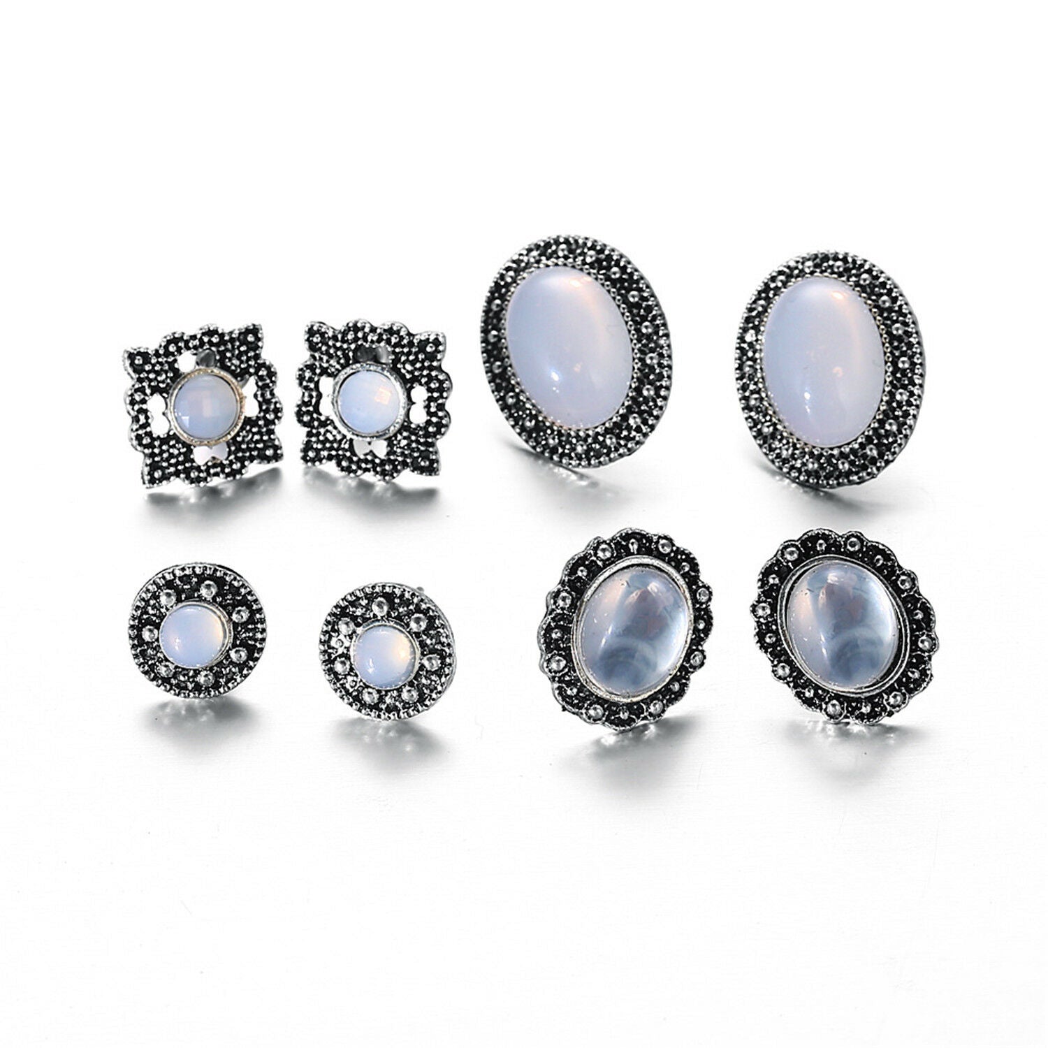 4 Pair/Set White Cobblestone Crystal Hollow Flower Stud Earrings For Women Girl
