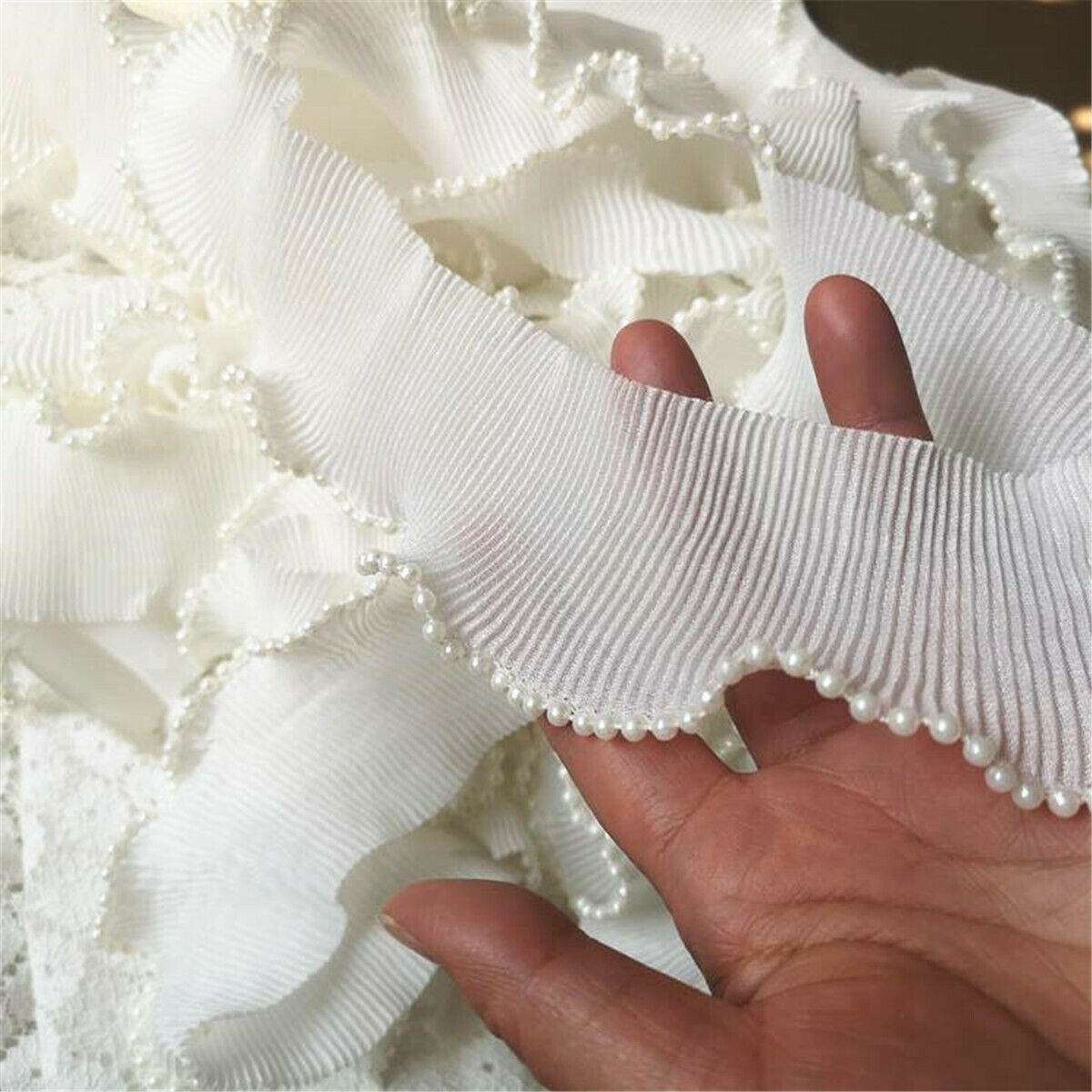 6 Yds Beaded Ruffle Chiffon Lace Trim Pleated Ribbon Collar Skirt Hem DIY Decor