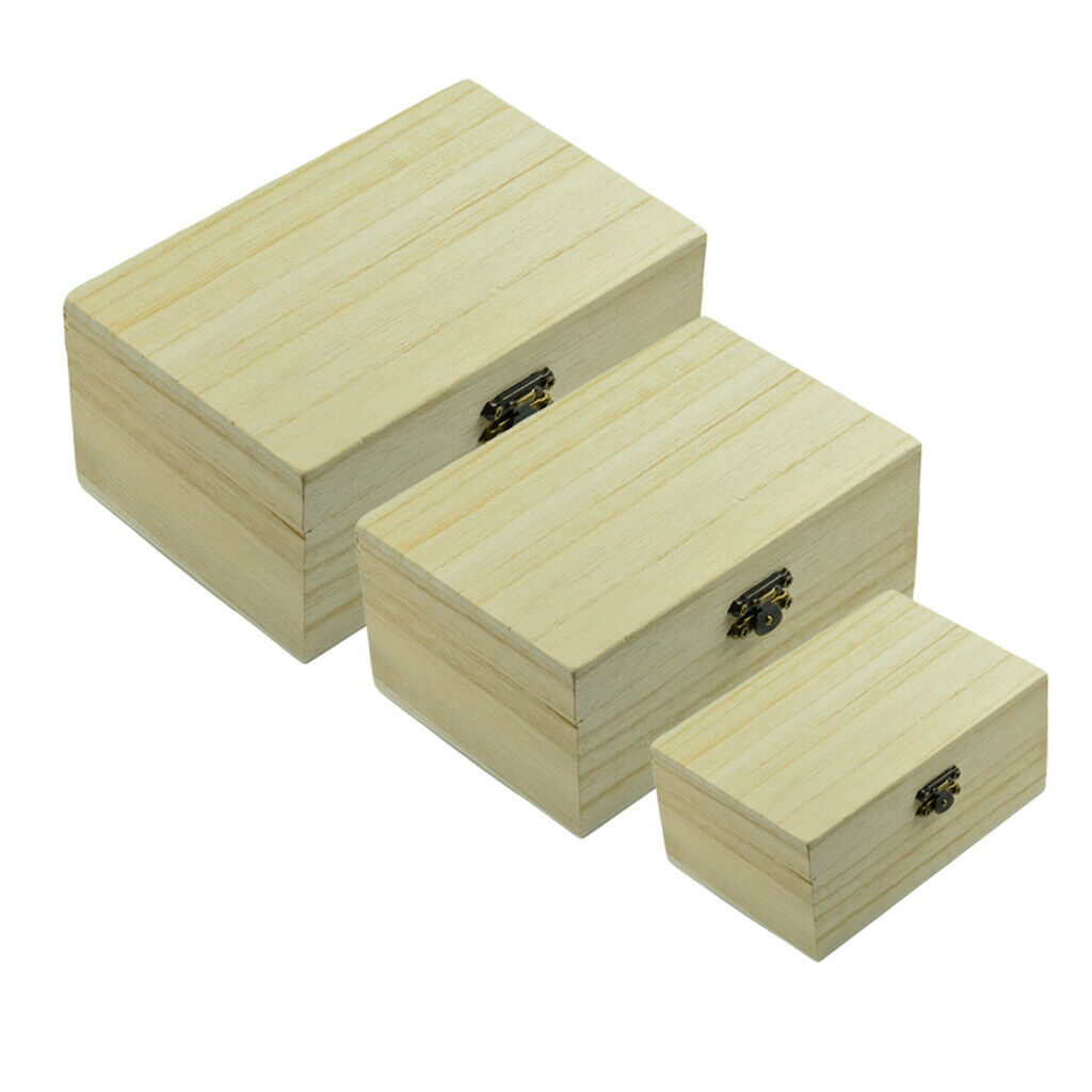 Pack of 3 Size Unpainted Natural Wood Box Wooden Box Treasure Chest Memory Hobby