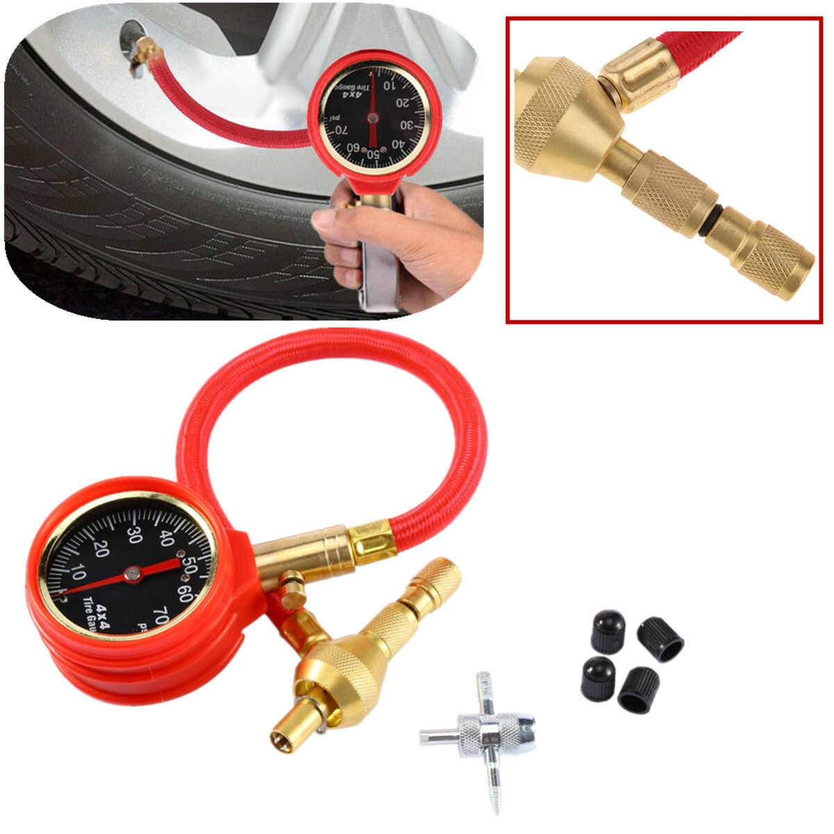Red Tyre Deflator Tire Air Pressure Gauge Accurately Measure Shockproof 0-75PSI