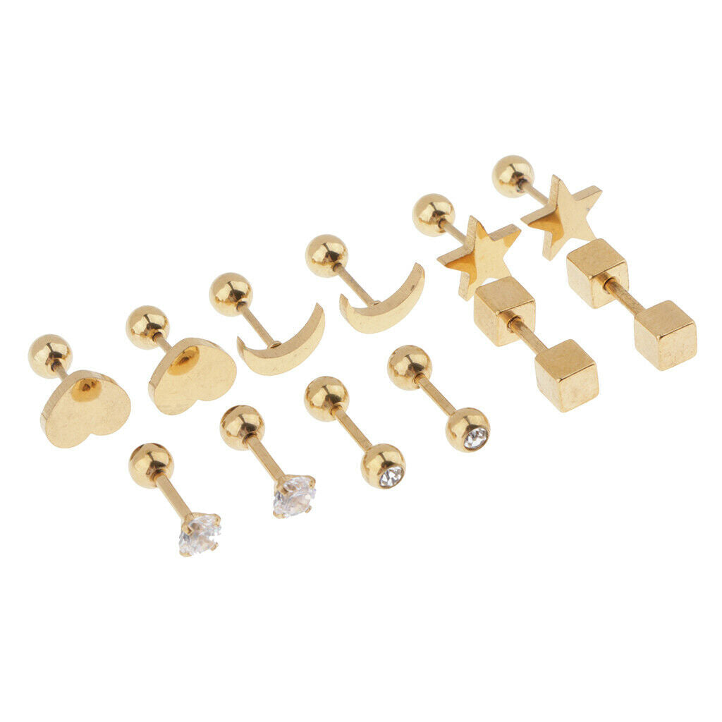 6 Pairs Female Stainless Screw Back Earrings Star Heart Moon Ear Studs