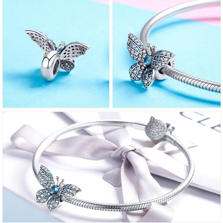 Women Authentic 925 Sterling Silve CZ Butterfly Charm Bead Fit Bracelet&Necklace
