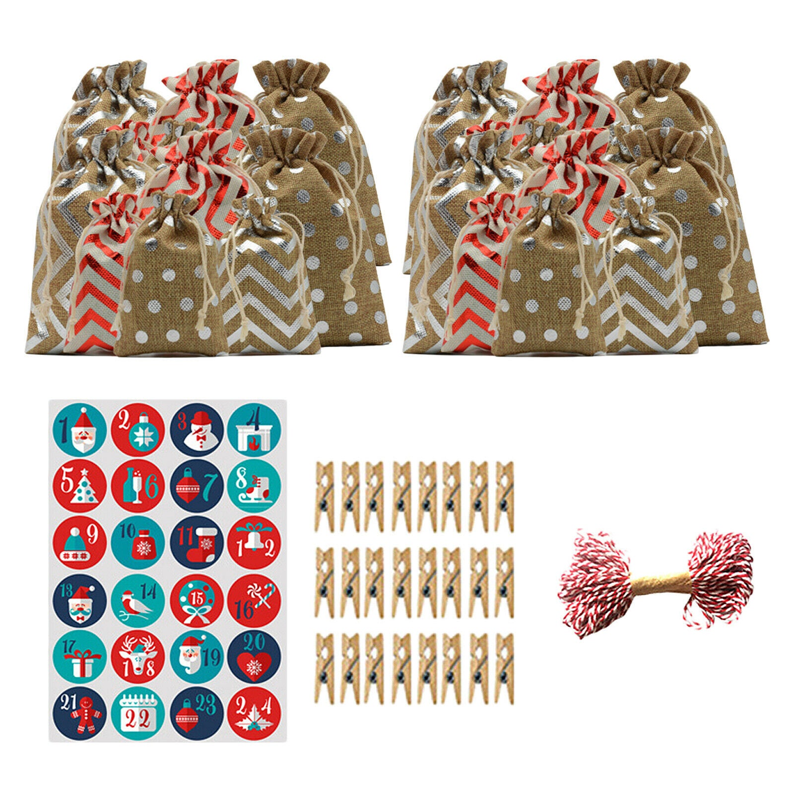 Set of 24 Christmas Advent 24 Days Burlap Countdown Candy Gift Bags 10x14cm
