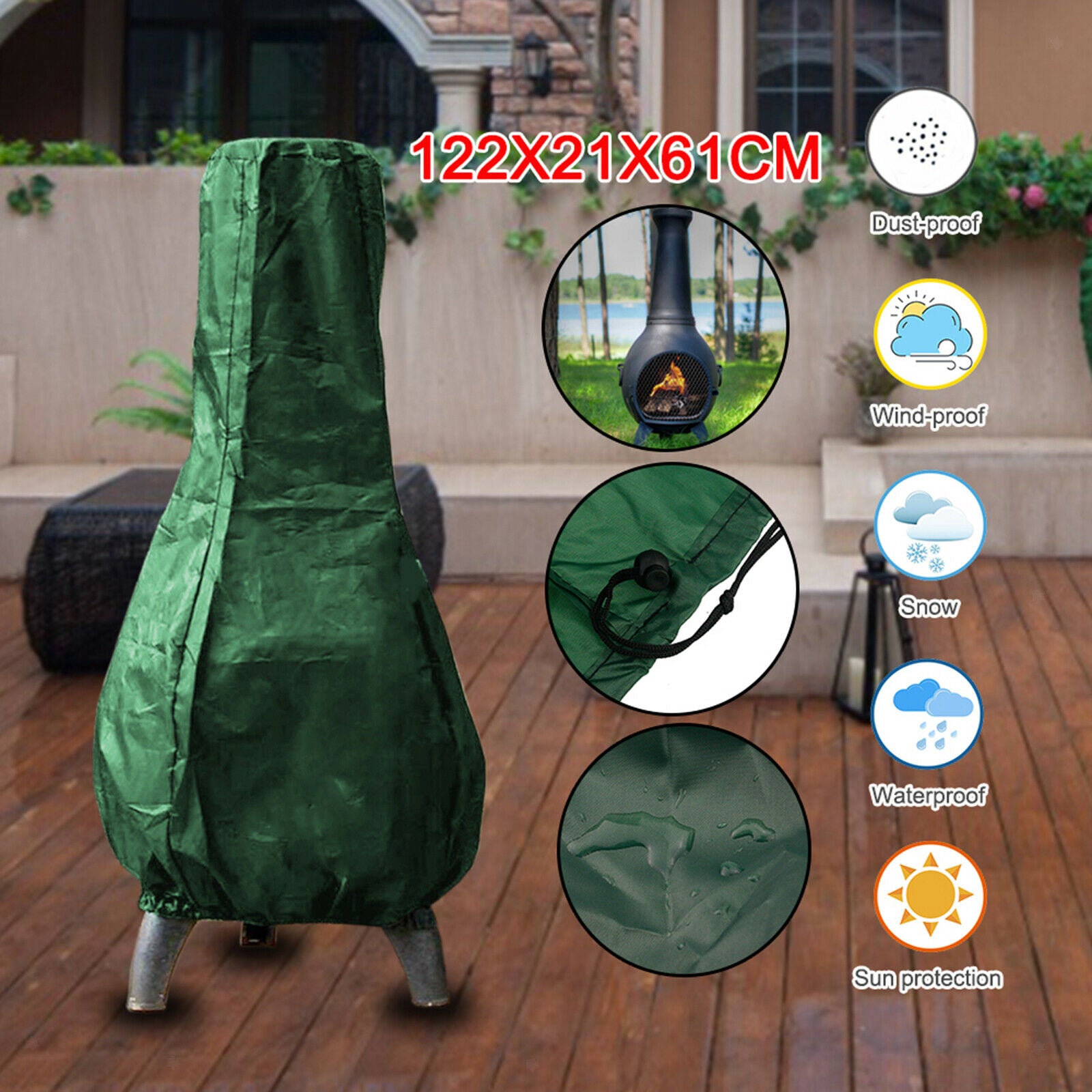 Chiminea Protective Cover Round Waterproof Patio BBQ Grill Stove - Green