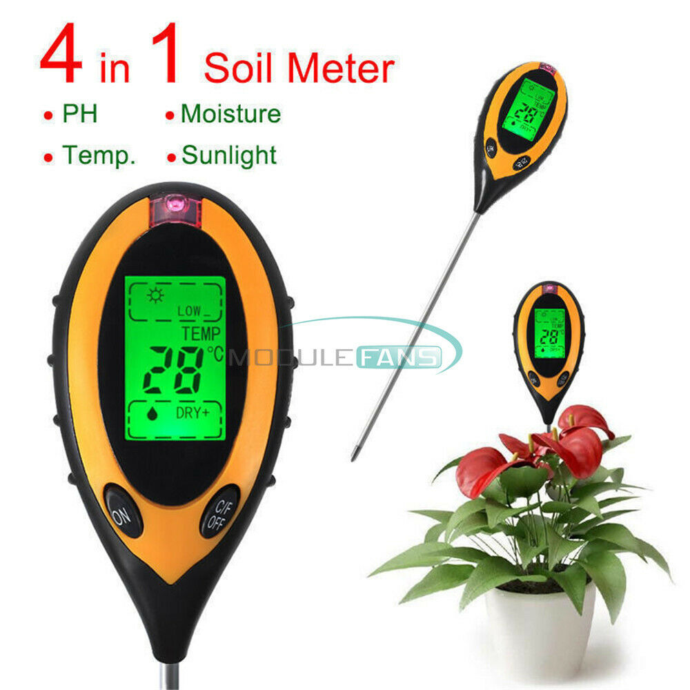 Digital 4 In 1 LCD Soil Moisture Humidity Temperature Sunlight PH Tester Meter