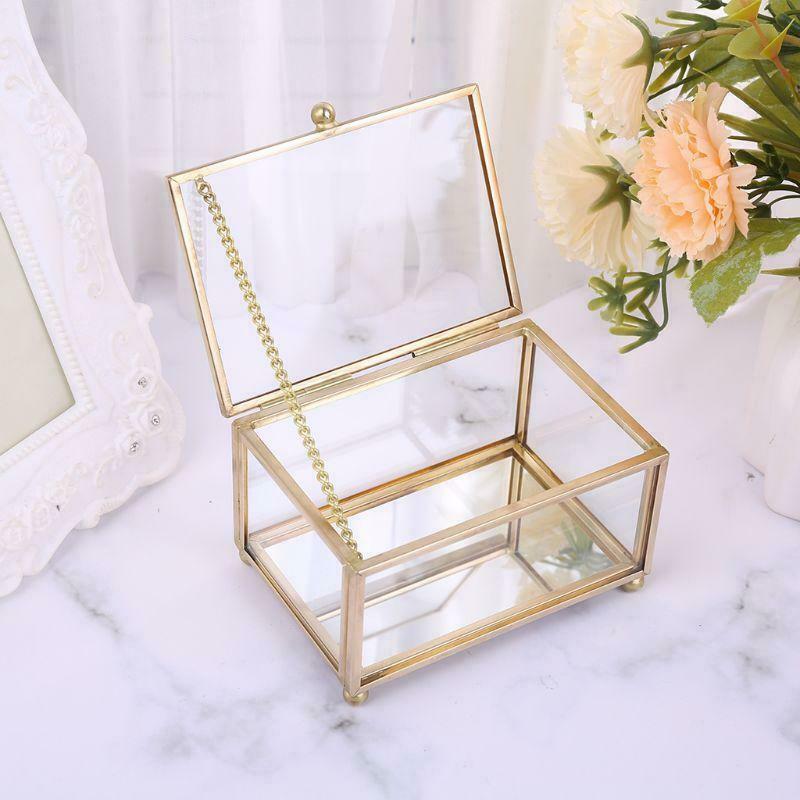 Rustic Wedding Ring Box Geometric Transparent Glass Jewelry Display Storage Hold