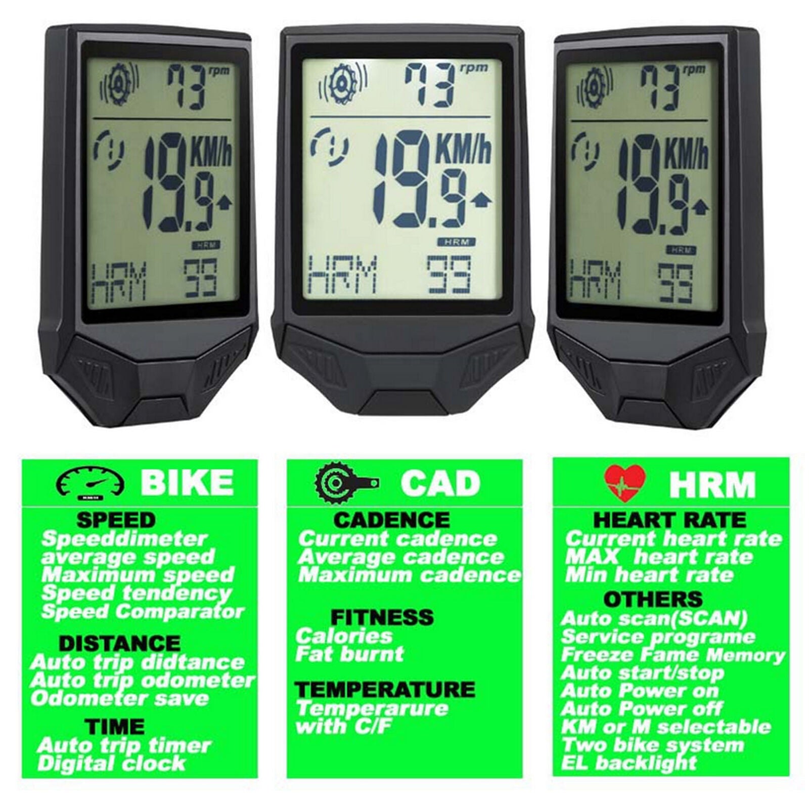 3 In 1 Wireless Cycling Computer Waterproof LCD Bike Cycle Speedometer Odometer