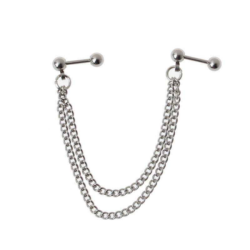 1Pc Punk Ball Stud Cartilage Ear Cuff Wrap Double Chain Piercing Unisex Earring