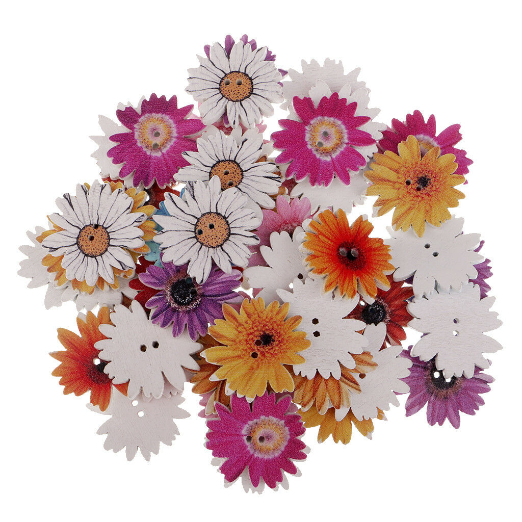 50x Daisy Flower Wooden 2 Holes Crafts Buttons for Sewing Scrapbooking 25mm