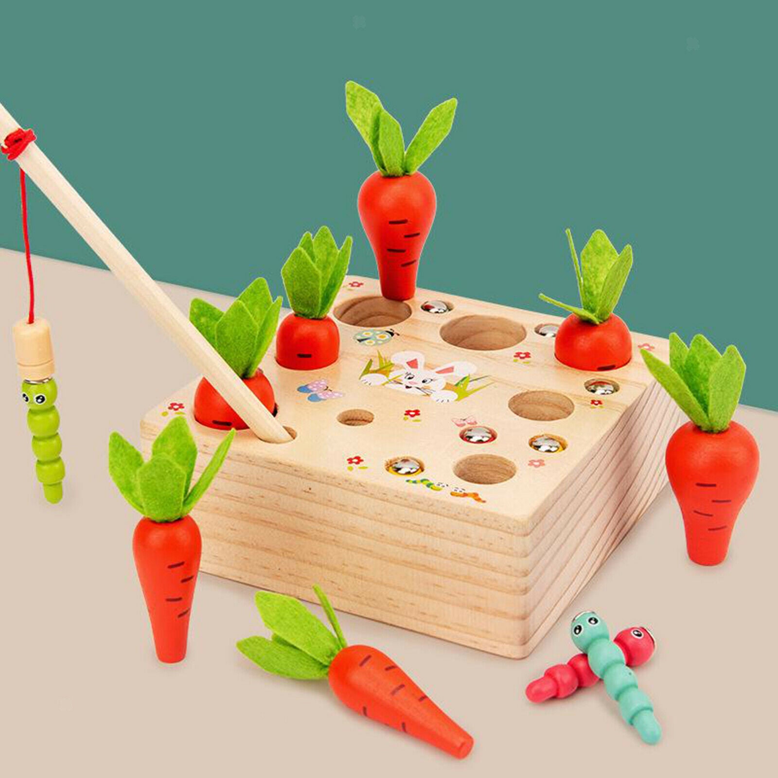 Wooden Montessori Toys, Carrots Harvest Shape Size Sorting Worm Catching