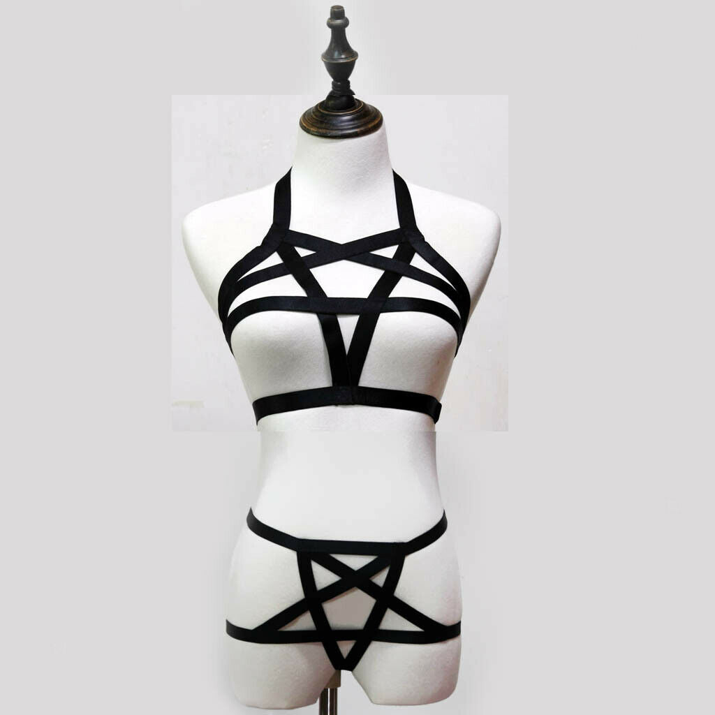 Sexy Women's Black Harness Bra Bustier & Straps Harness Garter Set Nightwear