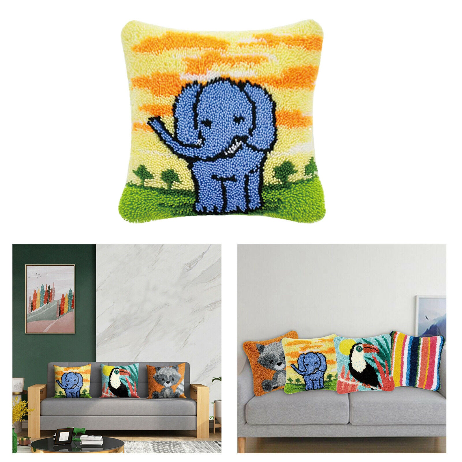 DIY Latch Hook Kit Throw Pillow Cover Craft for Embroidery Carpet Elephant