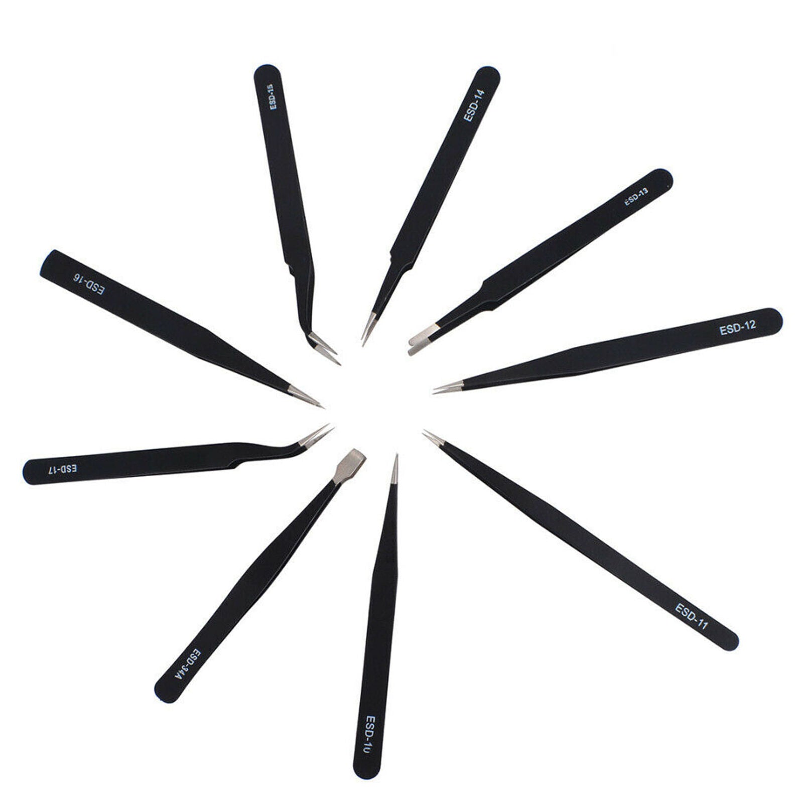 9PCS ESD Anti-Static Tweezers Set Maintenance Repair Stainless Steel Tools Kit