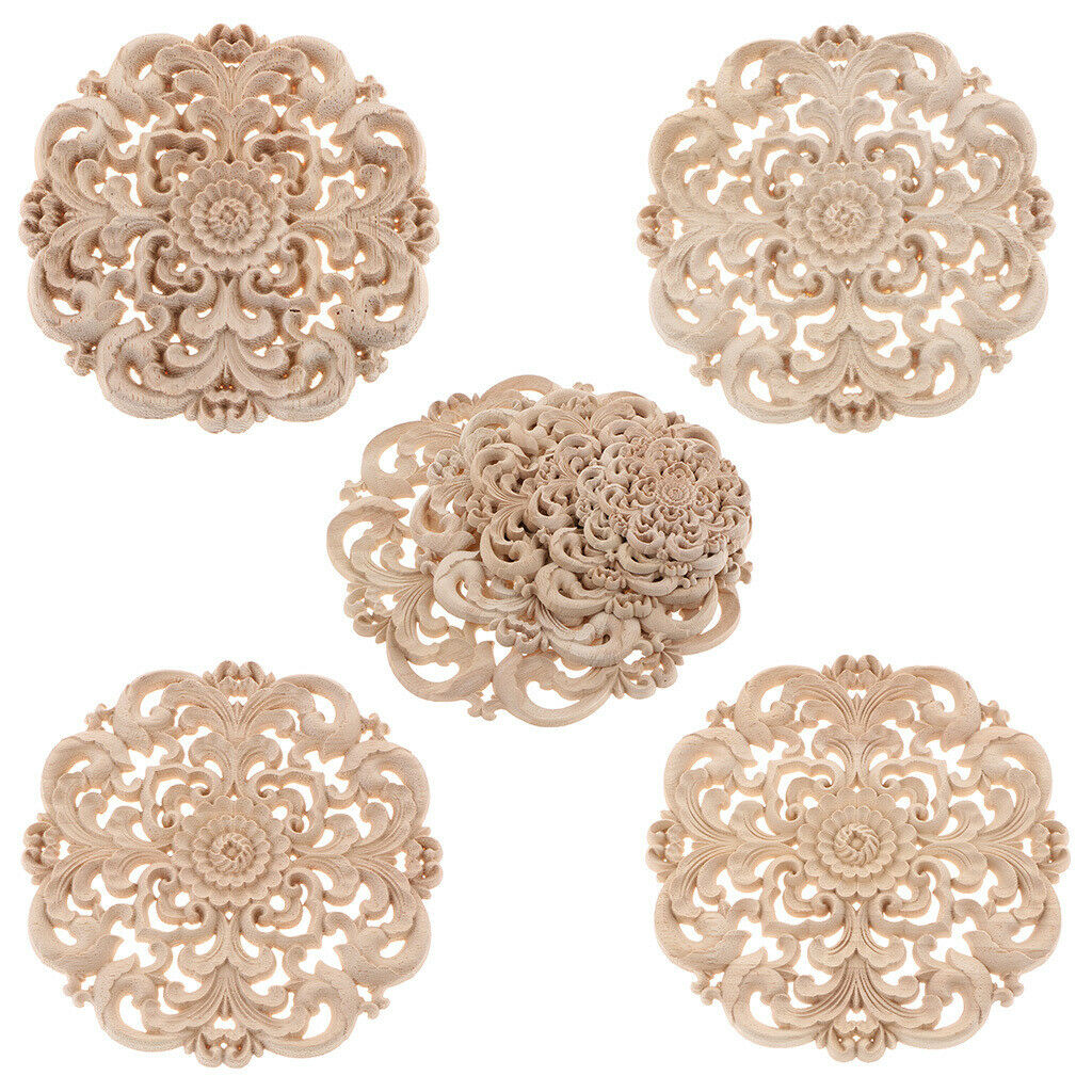 4Pcs Chinese Combines Western Design Wood Carved Flower Appliques Round Cabinet