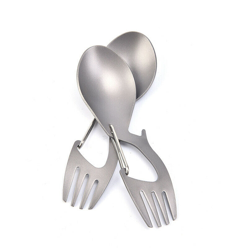 1pc Titanium Camping Tableware Fork Spoon Bottle Opener Outdoor Hang Buck.l8