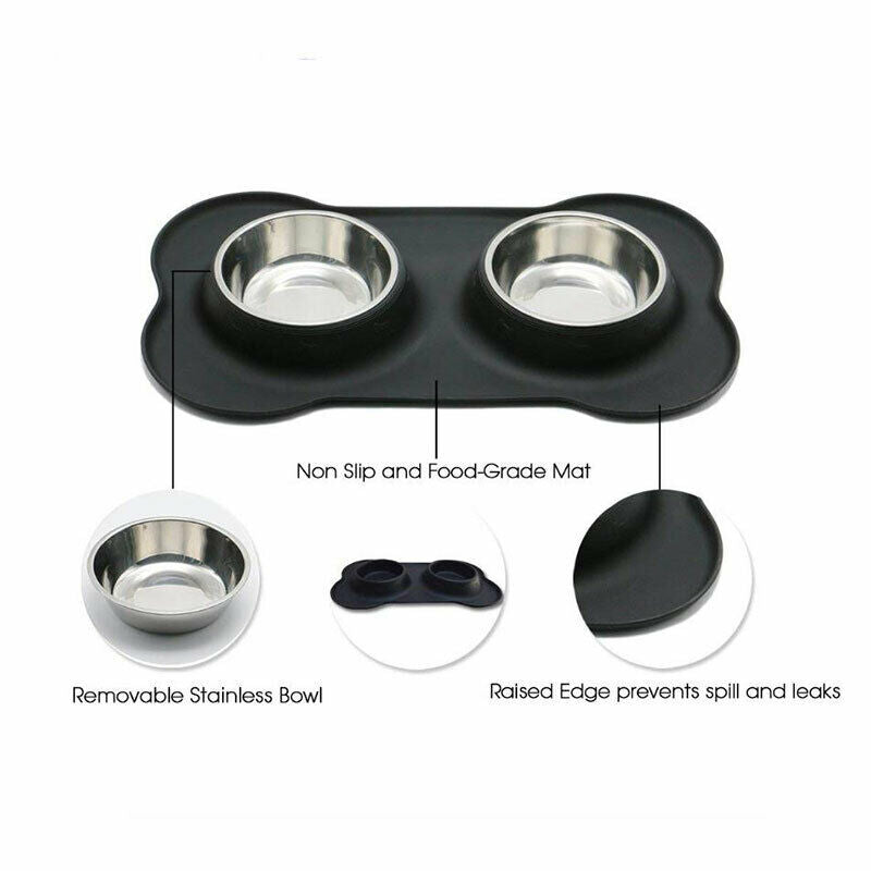 Pet Dog Double Feeder Bowl Stainless Steel Silicone Mat Food Water Bowl Set^DD