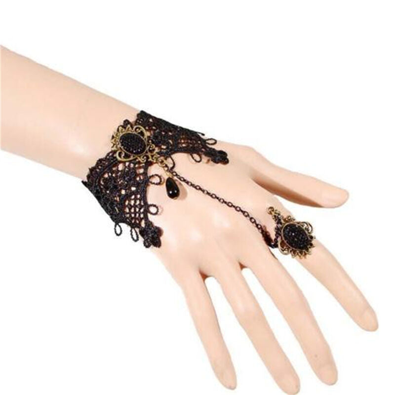 Lady Sexy Black Lace Gothic Ring Wrist Bracelet Bangle Handlace Wrist CollaHFDD