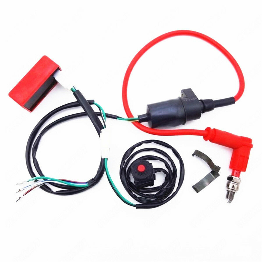 Motorcycle Wiring Harness Kill Switch Ignition Coil CDI Spark Plug Set 50-150cc