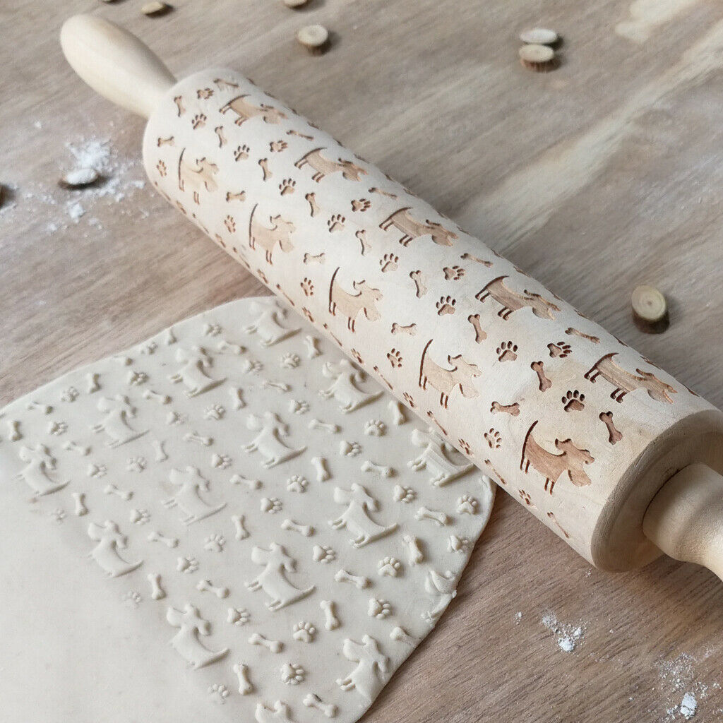 Wooden Rolling Pin Dog Bone Paw Embossing Baking Cookies Biscuit Fondant Wedding