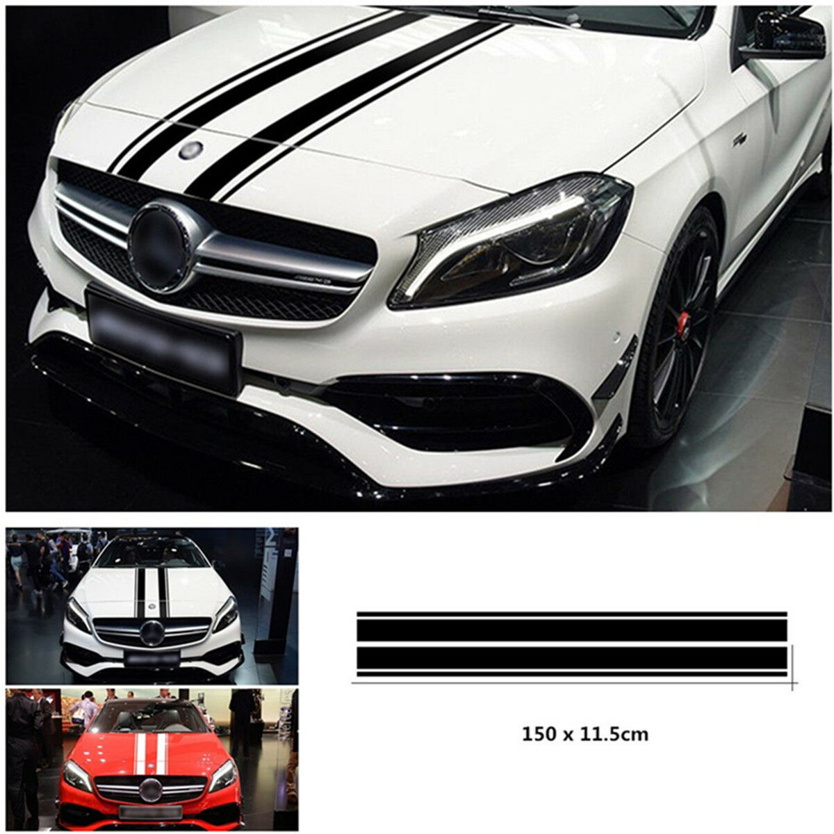1 Set Double Line Stripes Car Front Hood Black Simple 150cm Vinyl DIY Modified