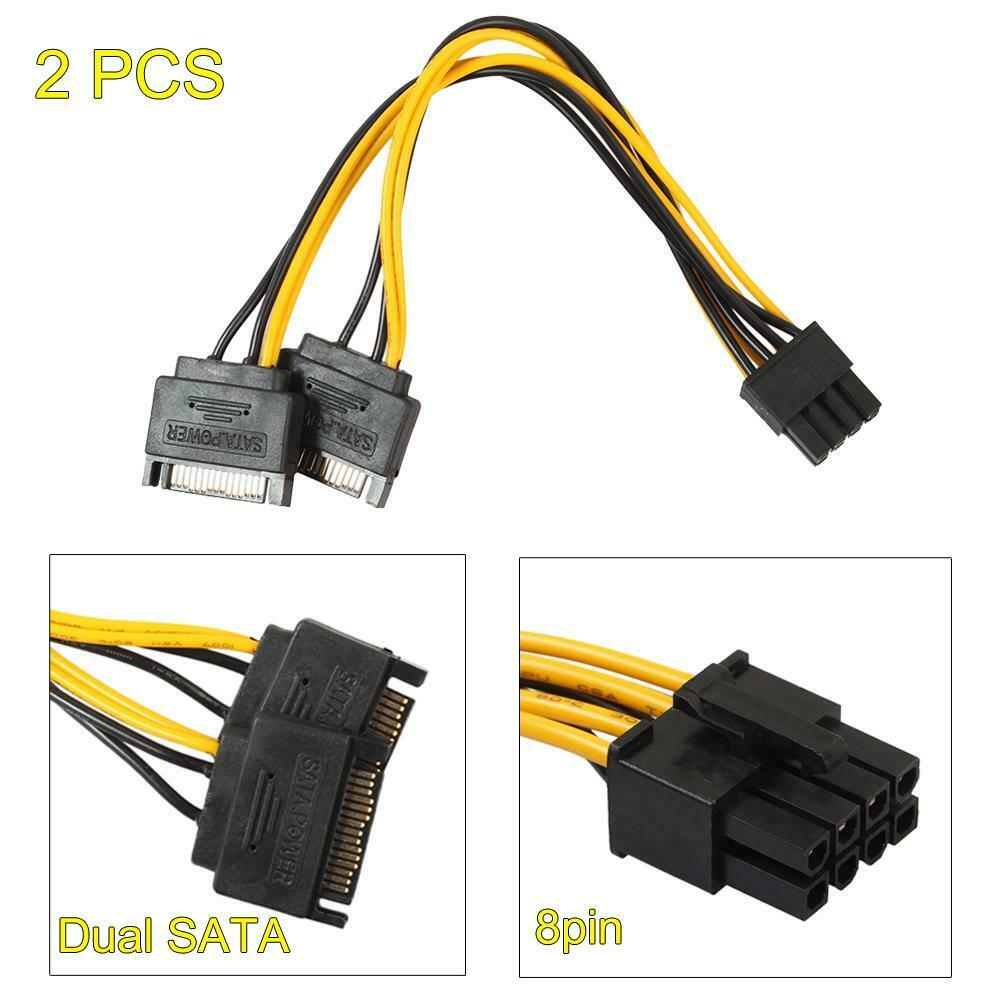 2pcs Dual 15Pin SATA Male To PCIe 8Pin(6+2) Male Video Card Power Cable