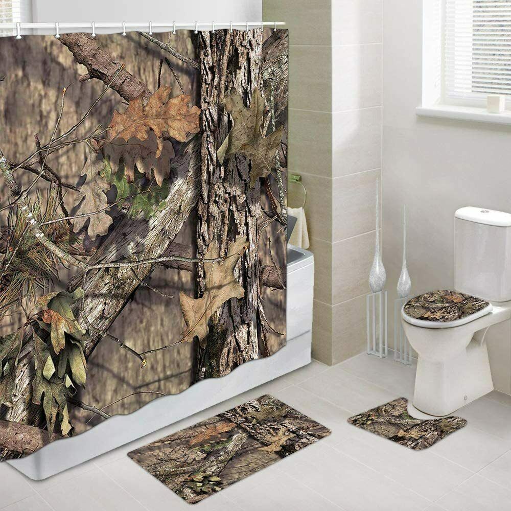 Camo Hunting Shower Curtain 69x70 Inch Bath Mat Contour Mat and Toilet Lid Cover