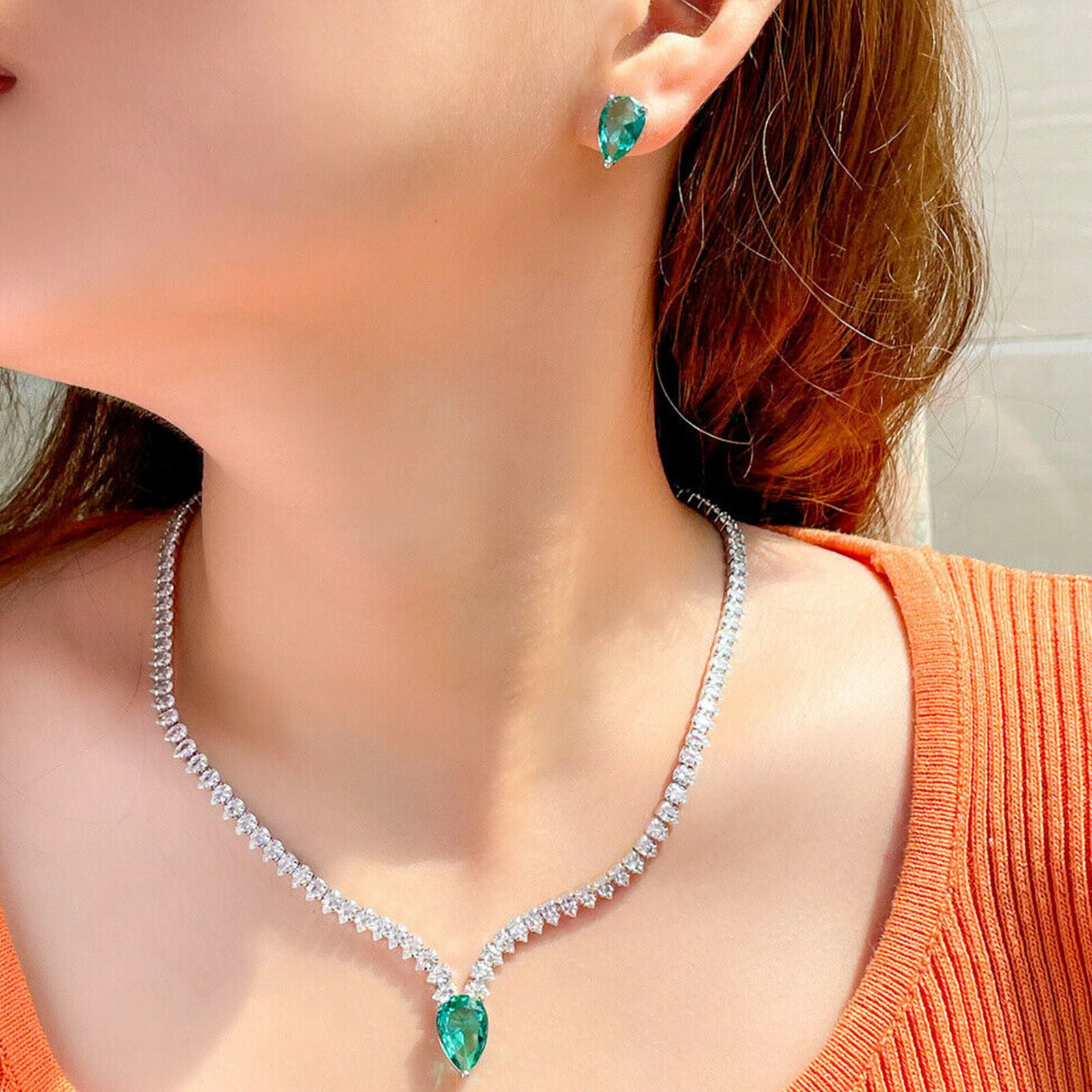 Awesome Green Stone Necklace Stud Earrings Jewelry Set for Brides Pageant