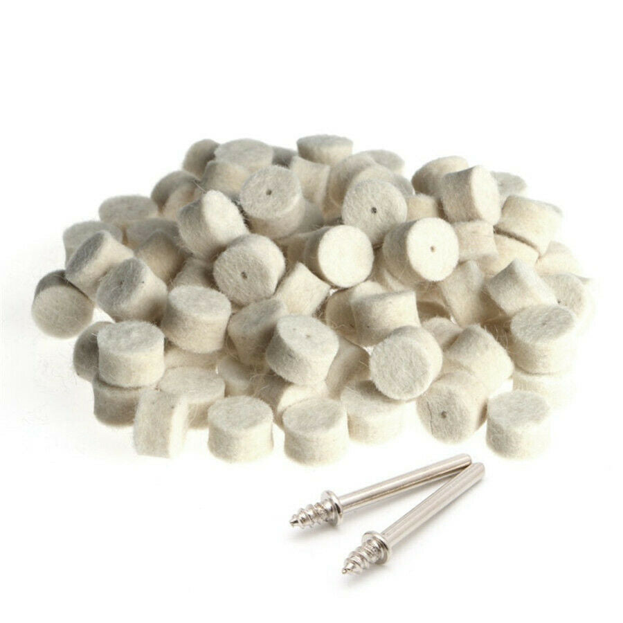 100pcs Wool Felt Buffing Sponge Polishing Pad Kit + 2 Mandrels for Dremel Rotary