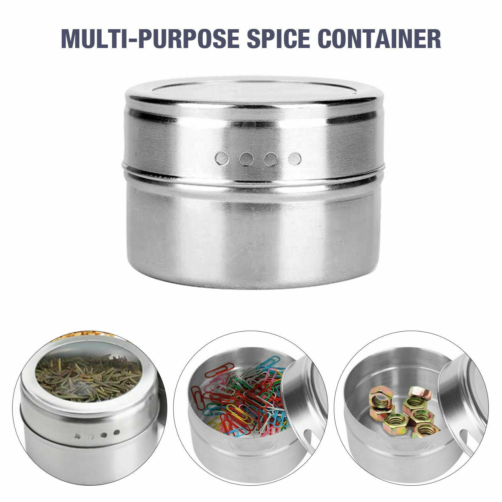 12pcs Magnetic Stainless Steel Spice Herb Tin Jar Seasoning Storage NonSlip Base