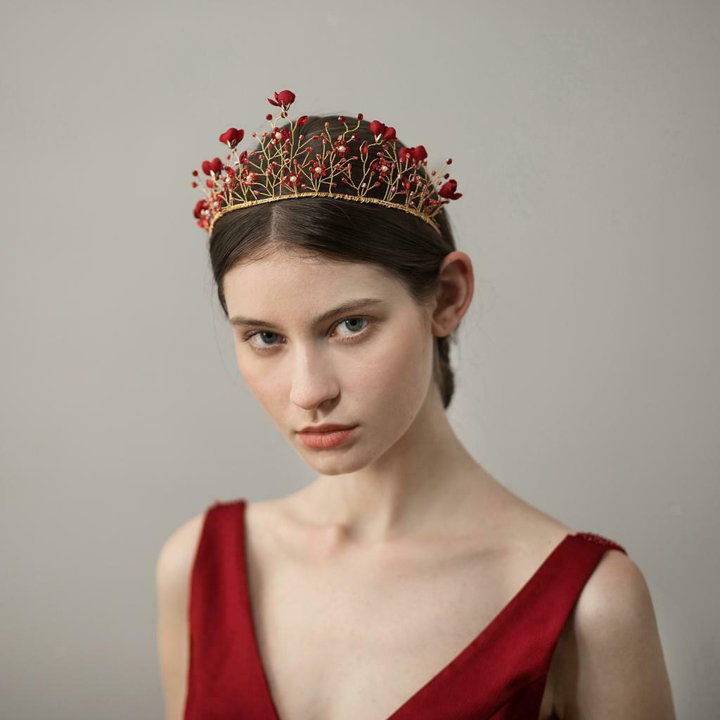 Bride Crown Headband Red Tiara Hair Band Party Headwear Headdress Headpiece