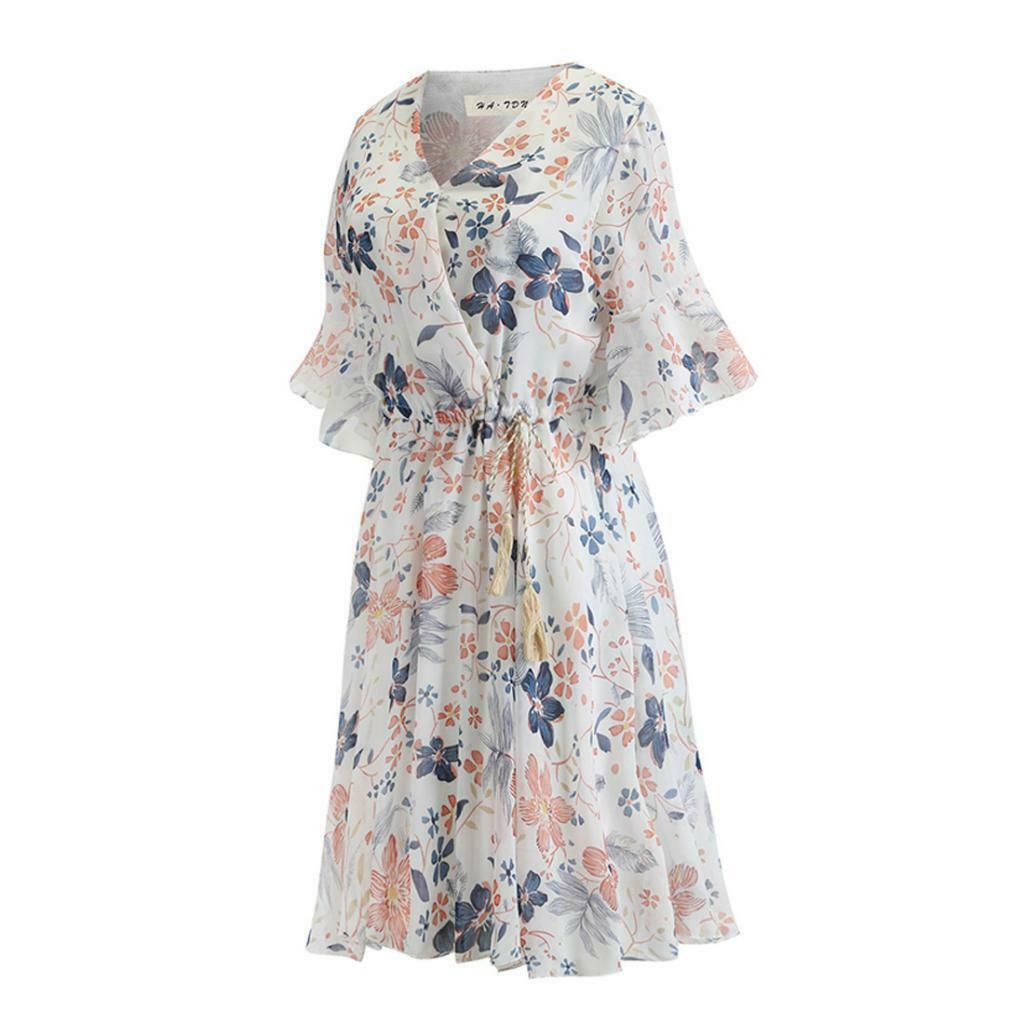 Womens Summer Floral Print Dress Casual Swing Boho Beach Midi Dress M
