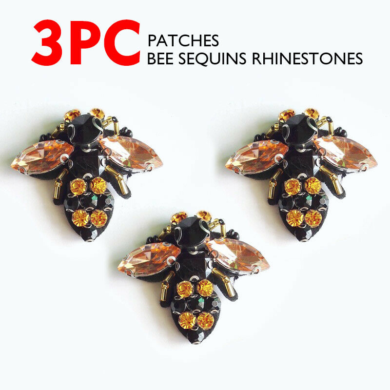 3Pc Bee Sequins Rhinestones Sew on Patch Craft Patches Bead Applique Embroidered