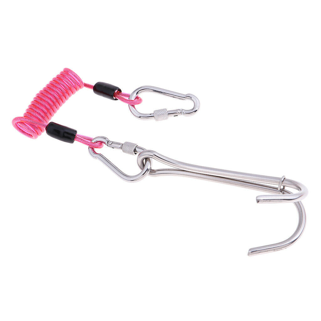 Scuba Diving Stainless Steel Dual Reef Hook & Coil Lanyard Carabiner Pink