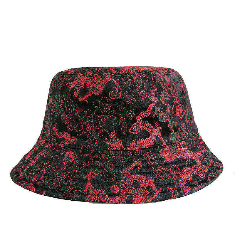 Unisex Chinese Dragon Embroidered Double Side Bucket Hat Fisherman Sun Cap Retro