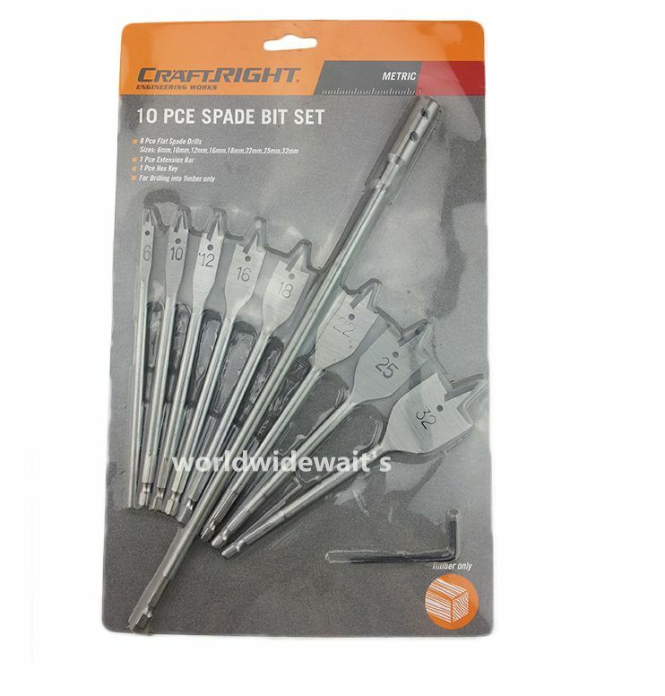 Brand New 8 Pc Spade Flat Wood Bit Set + Extension (6,10,12,16,18,22,25,32)