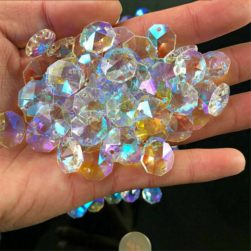 100x AB Aurora Octagonal Bead Crystal Chandelier Suncatcher Prisms Part Pendants