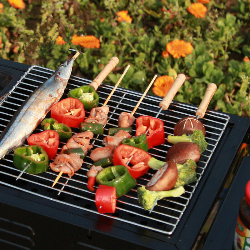 10 Pcs 30cm Stainless Steel BBQ Skewers Barbeque Kabob Needle Wood Sticks
